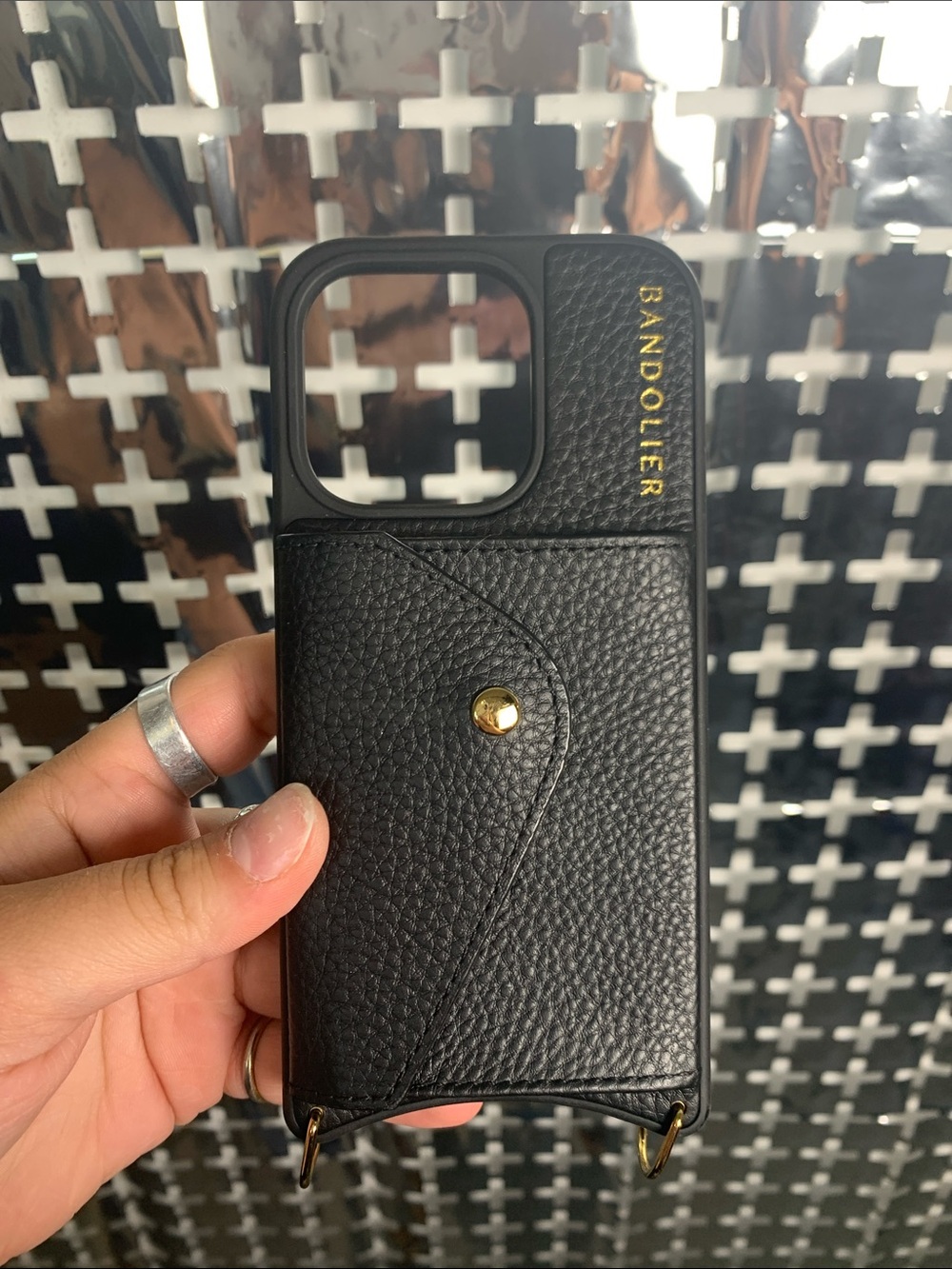 Bandolier Black Leather iPhone 15 Pro Case with Gold Details